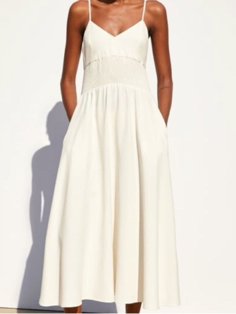 Zara Cream Smocked Bodice Spaghetti-Strap Midi Dress